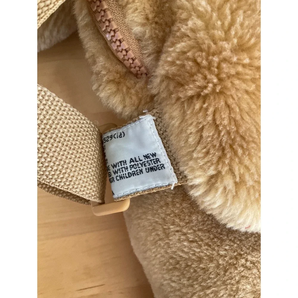 Vintage Plush Teddy Bear Backpack Tan Brown Faux Fur Red kawaii Bow Novelty Bag